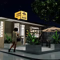 Cozy Cafe Exterior At Night With Yellow Sign Green Plants And Outdoor Seating