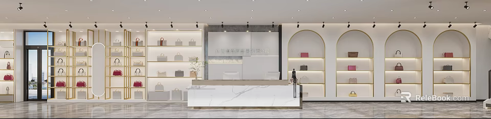 Modern Reception Space Interior With Marble Countertop And Display Shelves Holding Fashion Bags 3d model 