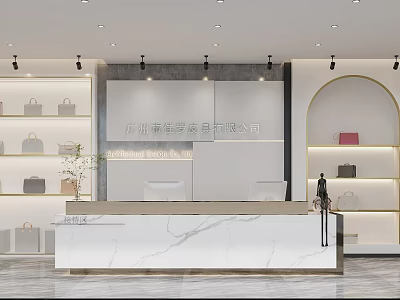 Modern Reception Space Interior With Marble Countertop And Display Shelves Holding Fashion Bags 3d model