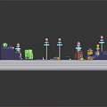 Cartoon 3D Scene With Checkerboard Layout Purple Blocks Green Cacti And Colorful Towers