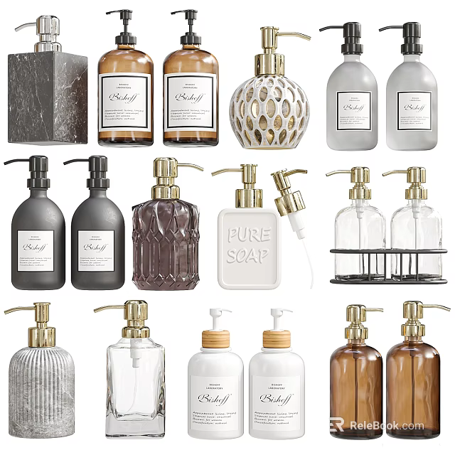 Modern Bathroom Toiletries Collection With Glass Soap Dispensers Aromatherapy Bottles And Metal Pumps 3d model 