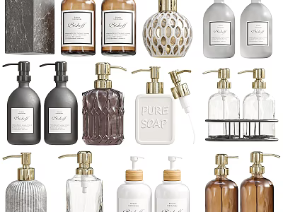 Modern Bathroom Toiletries Collection With Glass Soap Dispensers Aromatherapy Bottles And Metal Pumps 3d model