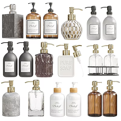 Modern Bathroom Toiletries Collection With Glass Soap Dispensers Aromatherapy Bottles And Metal Pumps 3d model