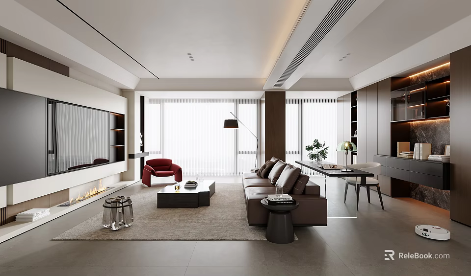 Modern Living Room With Brown Sofa Red Chair Coffee Table Fireplace Floor Lamp And Plants 3d model 