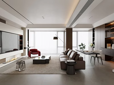 Modern Living Room With Brown Sofa Red Chair Coffee Table Fireplace Floor Lamp And Plants 3d model