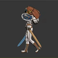 3D Female Warrior Character With Red Hair Blue Headpiece White Armor Blue Sword And Shield
