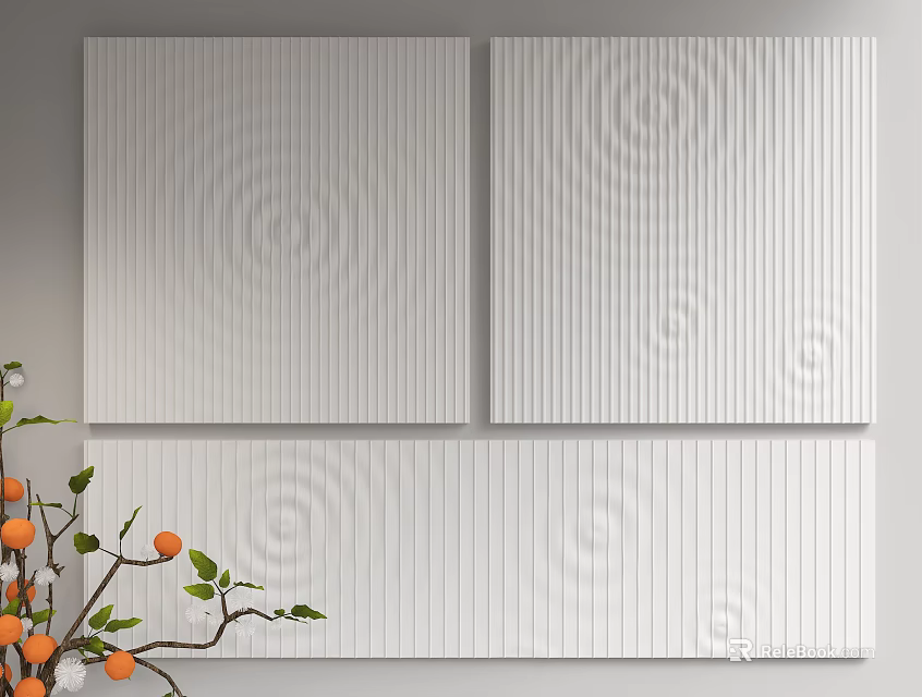 White Textured Three Panel Wall Decor with Spiral Striped Patterns and Orange Plant 3d model