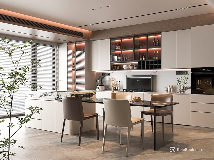 Modern Open Restaurant Kitchen With Cabinets Island Dining Table And Chairs 3d model 