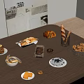 Delicious Assorted Food Display on Wooden Table with Baguette Cake Cookies Fruit Platter and Dip
