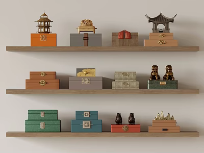 Wooden Display Shelves with Multi-Tiered Design Showcasing Decorative Chests Figurines and Traditional Towers 3d model
