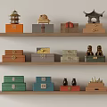 Wooden Display Shelves with Multi-Tiered Design Showcasing Decorative Chests Figurines and Traditional Towers