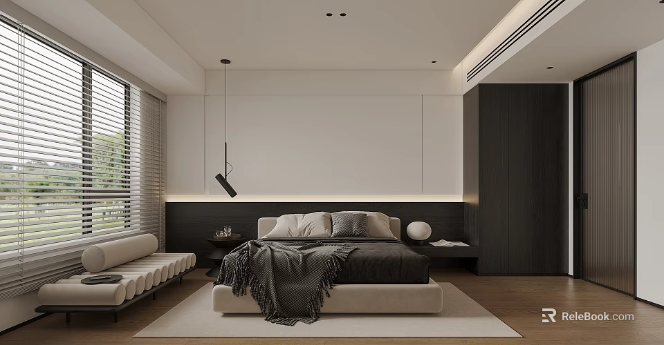 Modern Bedroom Interior With Bed Gray Blanket Pillows White Dark Accent Wall And Wooden Floor 3d model 