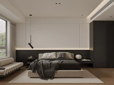 Modern Bedroom Interior With Bed Gray Blanket Pillows White Dark Accent Wall And Wooden Floor 3d model