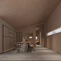 Modern Minimalist Interior Space With Wooden Walls Stone Countertop Table Chairs And Window