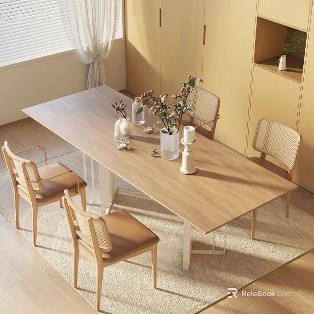 Modern Minimalist Dining Table Set With Wooden Top Woven Backrest Chairs And Flower Vases 3d model 