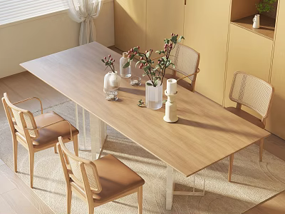 Modern Minimalist Dining Table Set With Wooden Top Woven Backrest Chairs And Flower Vases 3d model
