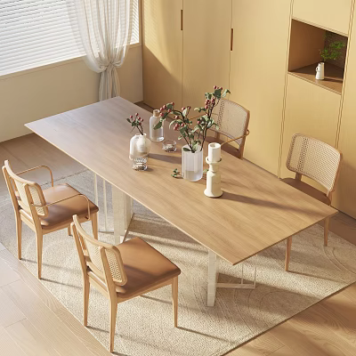 Modern Minimalist Dining Table Set With Wooden Top Woven Backrest Chairs And Flower Vases 3d model