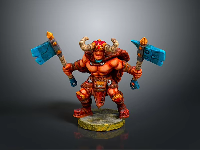 Horned Red Skinned Warrior Character With Dual Blue Axes Ornate Armor And Mythical Creature Elements 3d model
