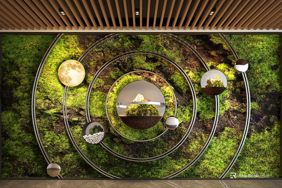 Modern Living Plant Wall With Circular Metal Frames Decorative Mirrors And Lighting Elements 3d model 