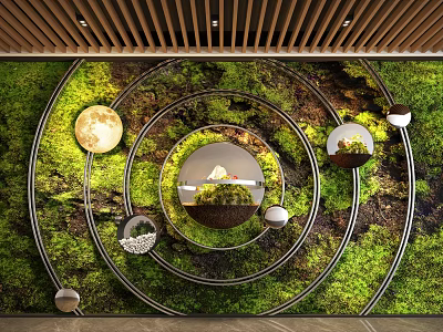 Modern Living Plant Wall With Circular Metal Frames Decorative Mirrors And Lighting Elements 3d model