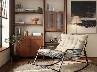 Beige Cushioned Rocking Chair In Living Room With Wooden Shelves And Potted Plant 3d model