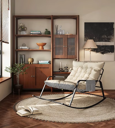 Beige Cushioned Rocking Chair In Living Room With Wooden Shelves And Potted Plant 3d model