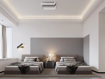 Modern Minimalist Bedroom Interior With Twin Beds Gray Accent Wall And Bedside Lamps 3d model