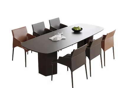 Modern Dining Table And Chairs Set With Oval Top Fruit Bowl And Glassware 3d model
