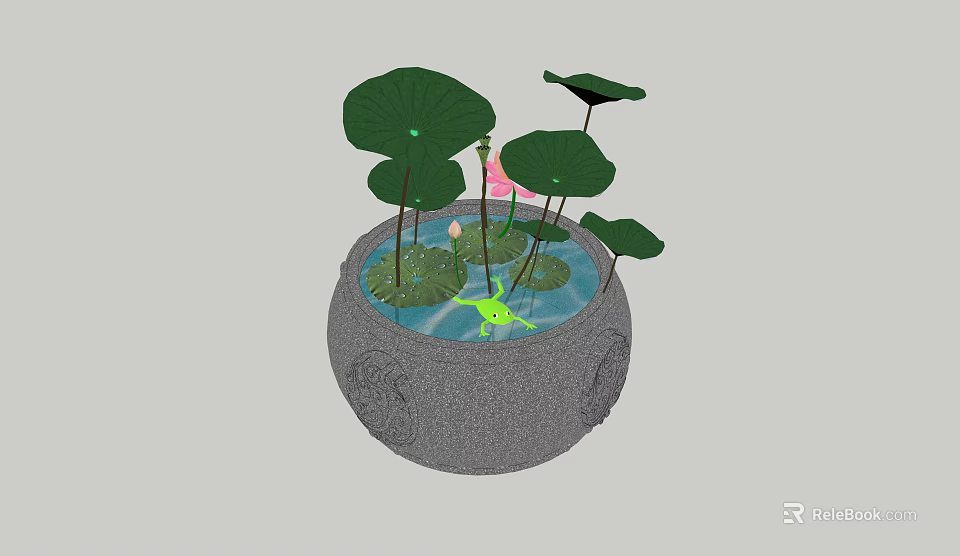 Decorative Stone Fish Tank With Lotus Leaves Flower And Green Frog In Water 3d model 