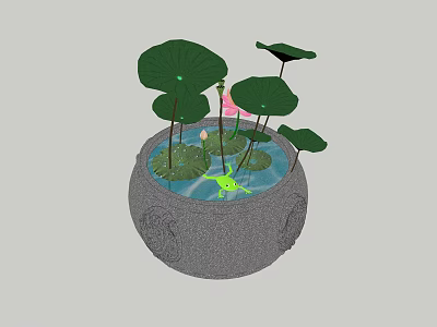 Decorative Stone Fish Tank With Lotus Leaves Flower And Green Frog In Water 3d model