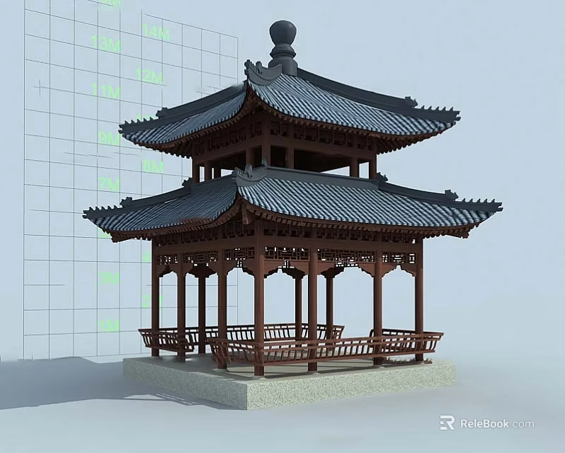 Traditional Chinese Ancient Architecture Two Story Pavilion With Black Tiled Roof Wooden Structure And Seats 3d model 