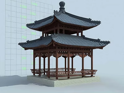 Traditional Chinese Ancient Architecture Two Story Pavilion With Black Tiled Roof Wooden Structure And Seats 3d model