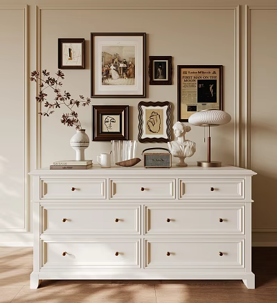 White Entryway Console Cabinet With Drawers Framed Wall Art Table Lamp Vase And Decorative Items 3d model