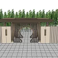 Modern Entrance Gate Design Featuring Roofed Porch Lattice Panels Circular Arch And Green Trees