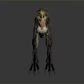 Realistic Velociraptor Dinosaur 3D Model With Yellow Black Stripes Orange Tail Tip And Open Mouth