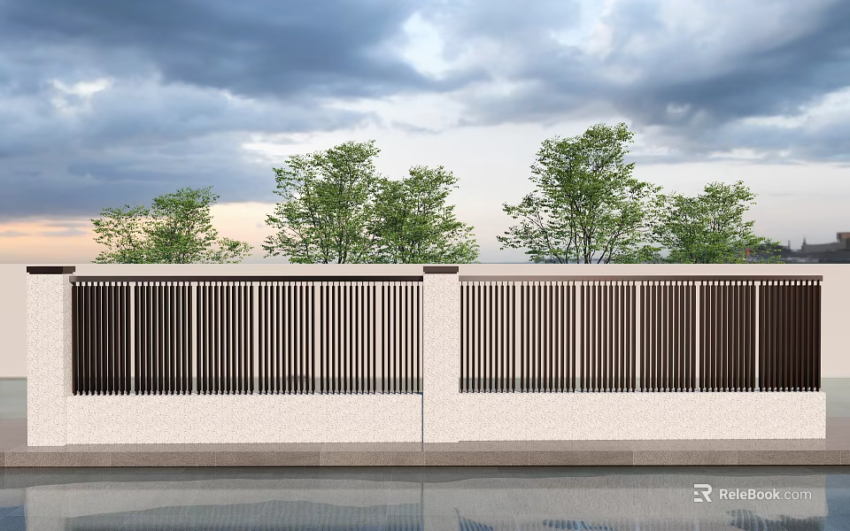 Modern Garden Wall With Vertical Slat Design And Green Trees In Outdoor Setting 3d model 