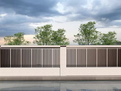 Modern Garden Wall With Vertical Slat Design And Green Trees In Outdoor Setting 3d model