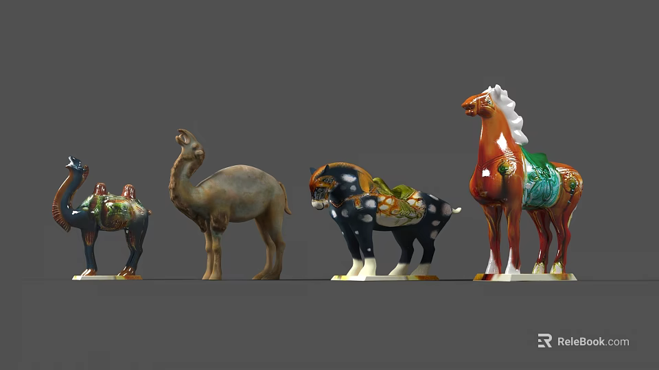 Traditional Ceramic Ware Animal Shaped Camel and Horse Figurines Decorative Ornaments Set 3d model 