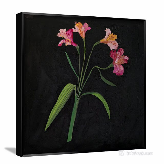 Vibrant Botanical Painting With Pink Yellow Flowers Green Stems And Leaves On Black Background 3d model 