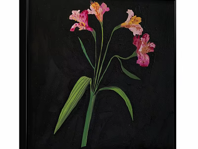 Vibrant Botanical Painting With Pink Yellow Flowers Green Stems And Leaves On Black Background 3d model