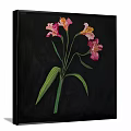 Vibrant Botanical Painting With Pink Yellow Flowers Green Stems And Leaves On Black Background