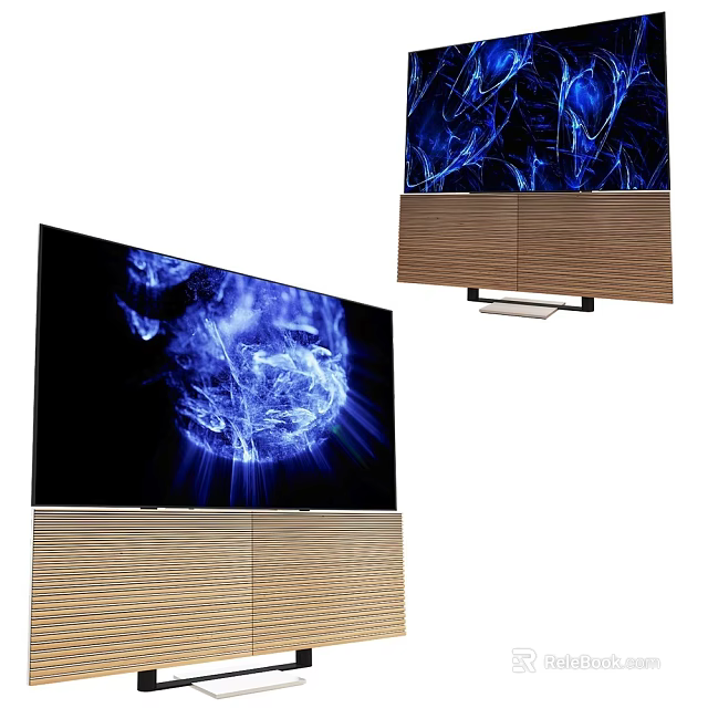 Large Screen TV With Wooden Base High Definition Display And Dynamic Blue Visuals 3d model 