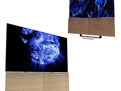 Large Screen TV With Wooden Base High Definition Display And Dynamic Blue Visuals 3d model