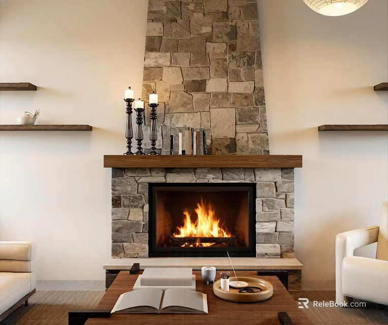 Warm Modern Living Room Interior With Natural Stone Fireplace And Comfortable Lounge Furniture 3d model 
