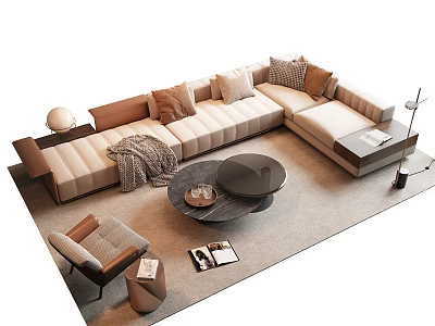 Modern L Shaped Sofa With Coffee Table Set And Throw Pillows In Living Room 3d model