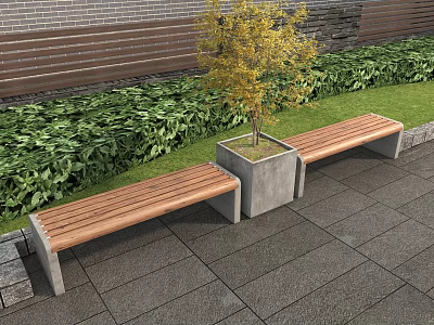 Landscape Seats Featuring Wooden Benches Small Tree Lush Green Plants And Stone Paved Floor 3d model
