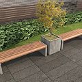 Landscape Seats Featuring Wooden Benches Small Tree Lush Green Plants And Stone Paved Floor
