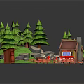 Cartoon Scene with Wooden Cabin Green Pine Trees Red Car Stones Fence and Flowers