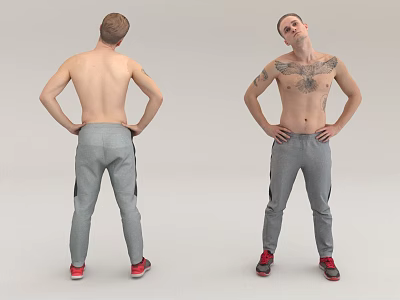 Shirtless Man With Chest Tattoos In Grey Sweatpants And Red Sneakers Front Back Views 3d model