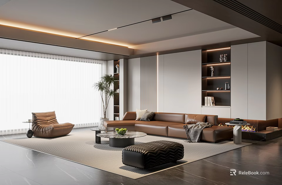 Modern Living Room Interior With Brown Leather Sofa Armchair Coffee Table Rug And Fireplace 3d model 